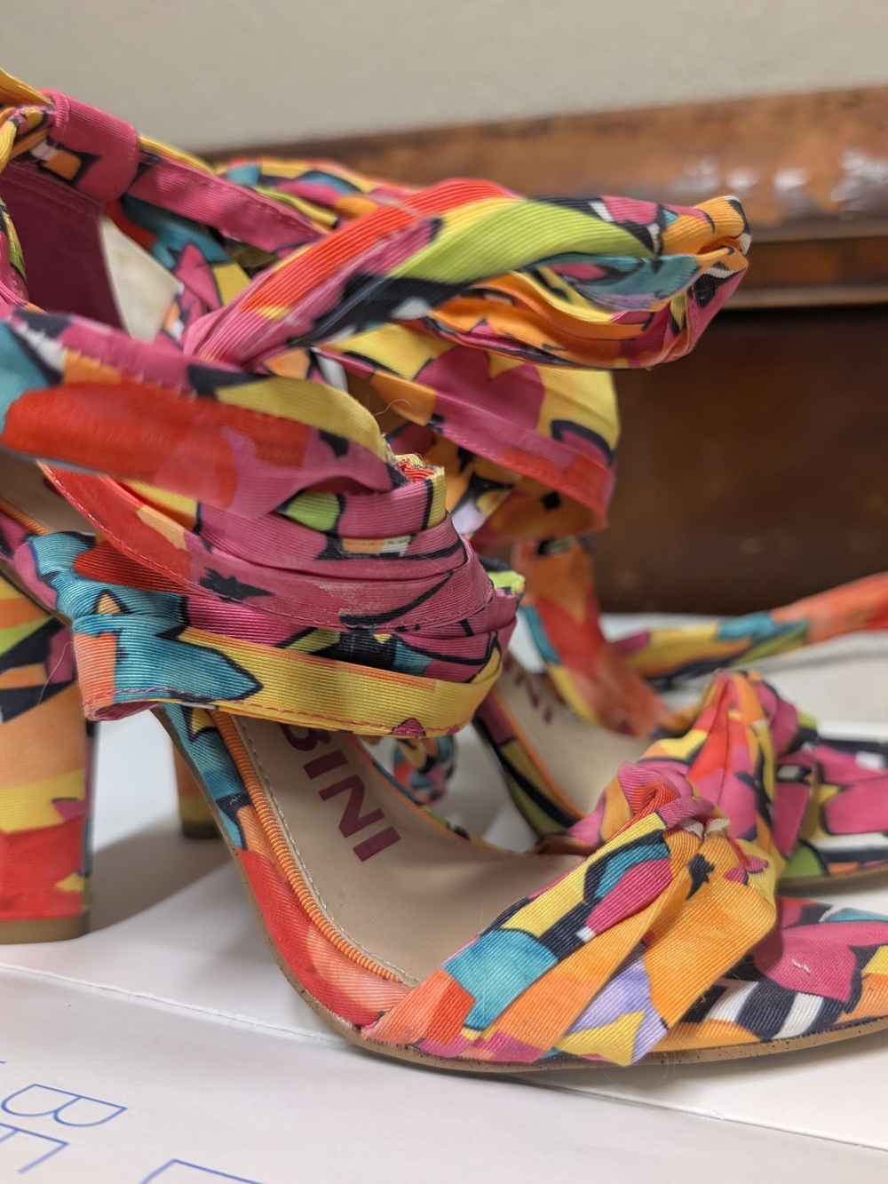 Gianni Bini Multicolor Floral Wrap-Heel Sandals - Pink/Yellow/Blue